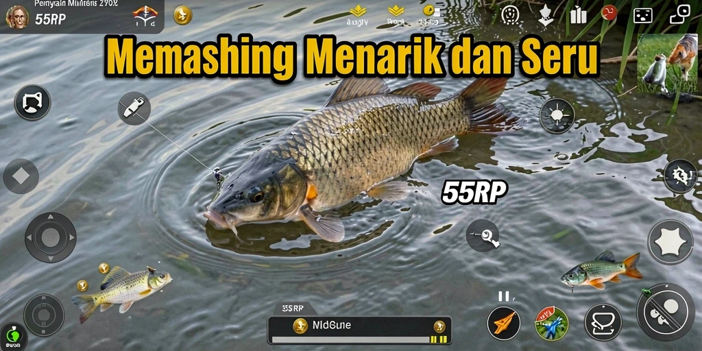 Screenshot gameplay 55RP dengan aksi memancing yang seru.