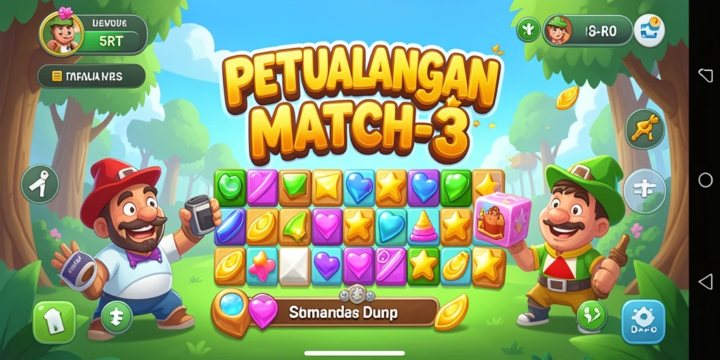 Screenshot gameplay 5RT dengan balok berwarna-warni dan tantangan Match-3.