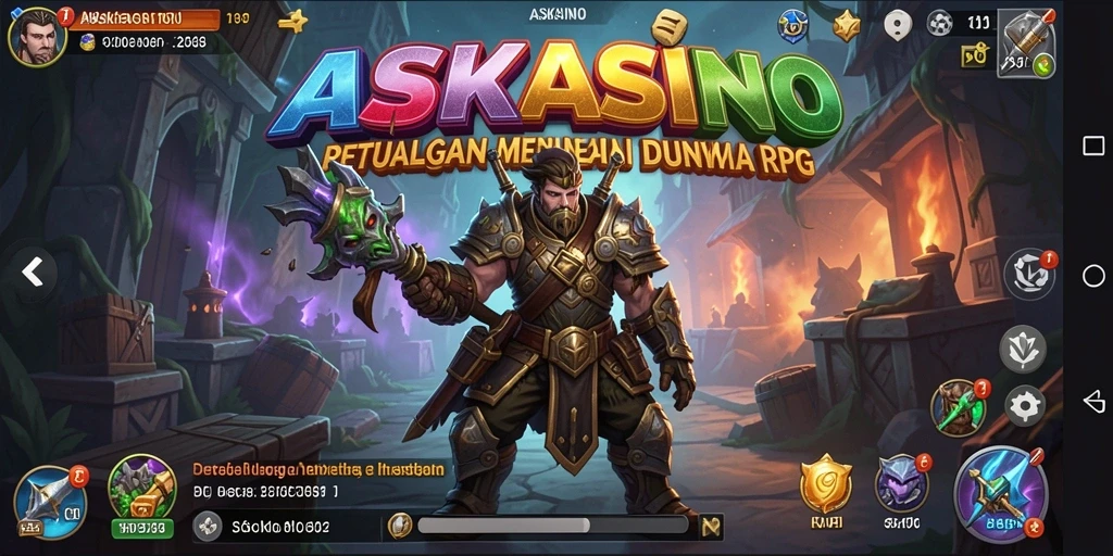 Screenshot utama ASKASINO menampilkan aksi pertarungan epik dalam dunia RPG.