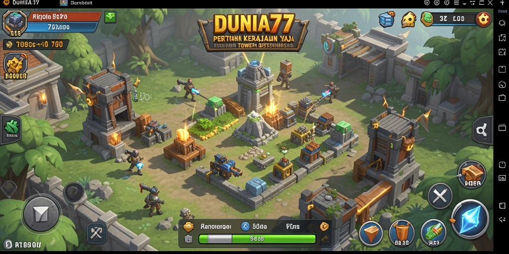 Tampilan gameplay DUNIA77 dengan menara menyerang musuh.