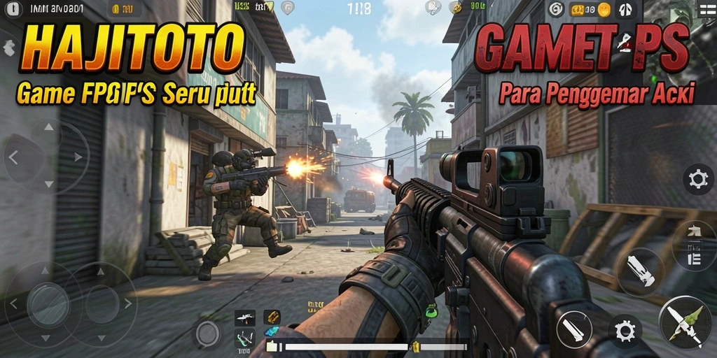 Screenshot menampilkan gameplay intens HAJITOTO di medan perang FPS.