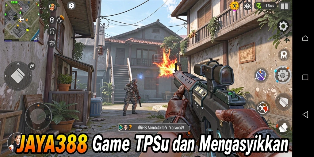 Tampilan gameplay mendebarkan di JAYA388 dengan aksi menembak di medan perang.
