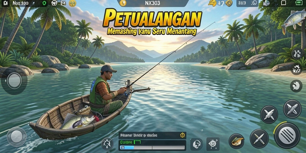 Screenshot gameplay NX303 yang menampilkan pengalaman memancing yang seru.