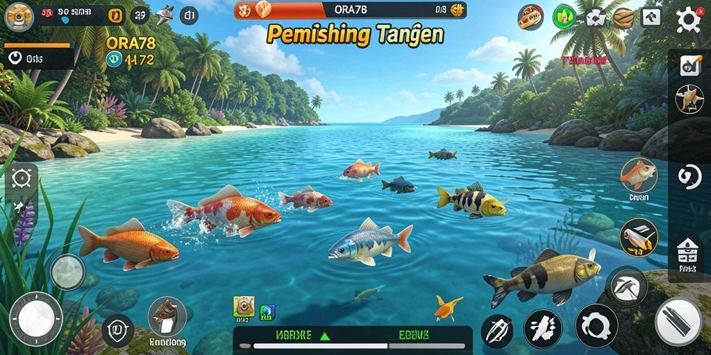 Tampilan gameplay memancing yang seru dan penuh warna dalam ORA78.