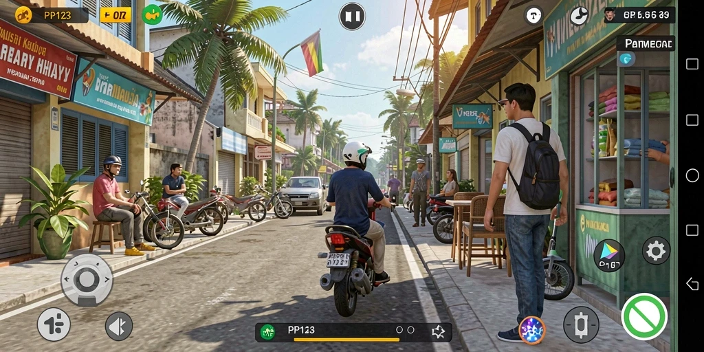 Screenshot utama PP123 menampilkan gameplay simulasi yang menarik.