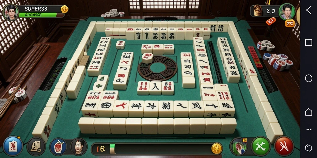 Gambaran gameplay seru dalam SUPER33, menampilkan aksi Mahjong.